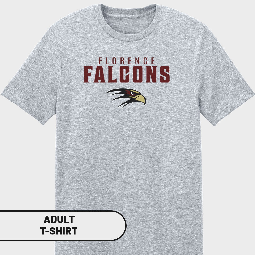 Grey adult t-shirt with "Florence Falcons" text and eagle logo.