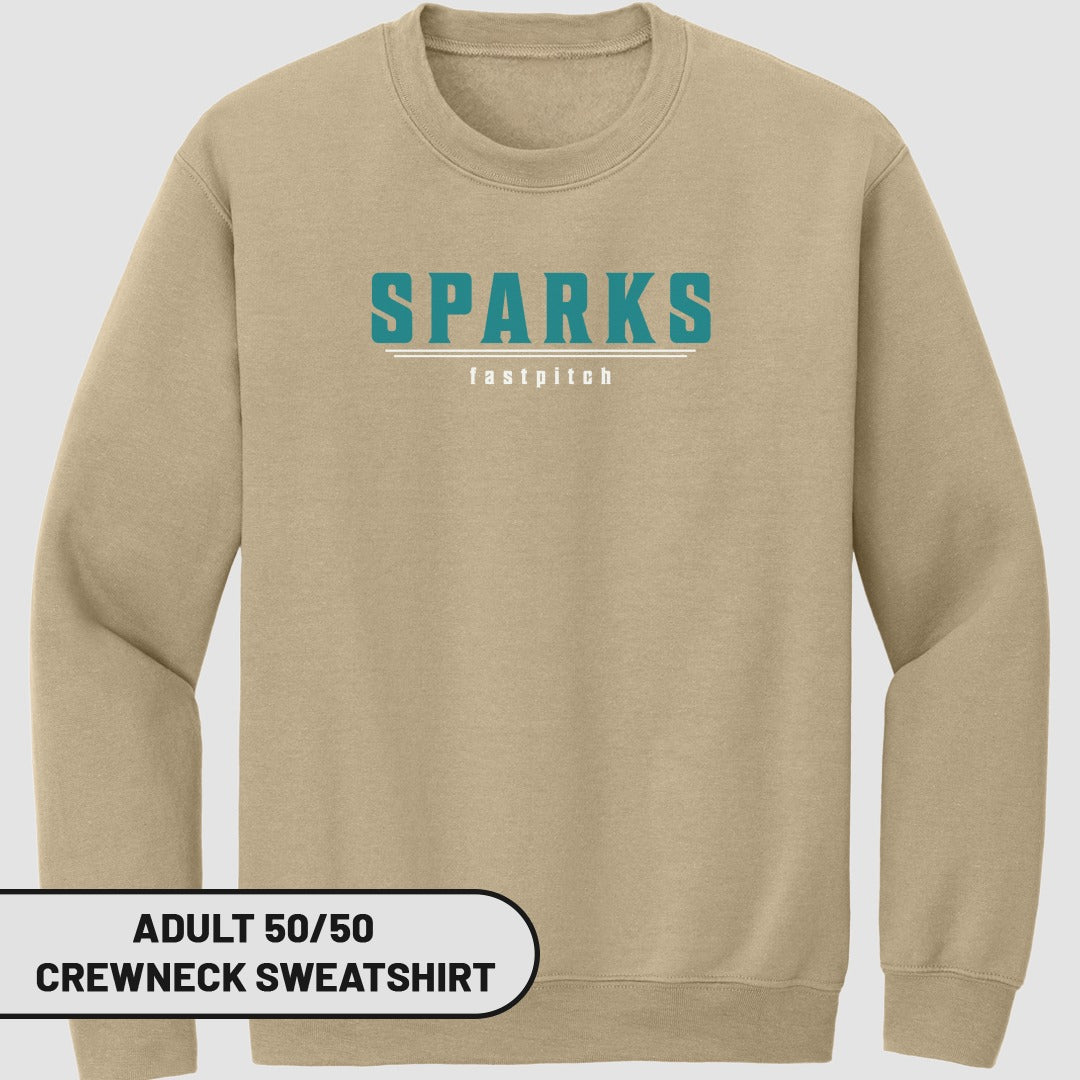 Tan crewneck sweatshirt with "SPARKS fastpitch" logo and "Adult 50/50 Crewneck Sweatshirt" label.