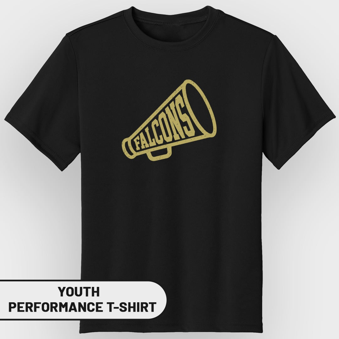 Black youth performance t-shirt with gold megaphone and "Falcons" graphic.