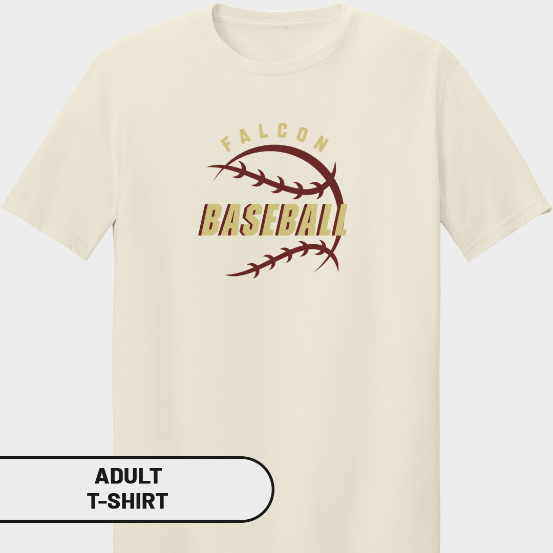Cream adult t-shirt with "FALCON BASEBALL" text and baseball stitching graphic.