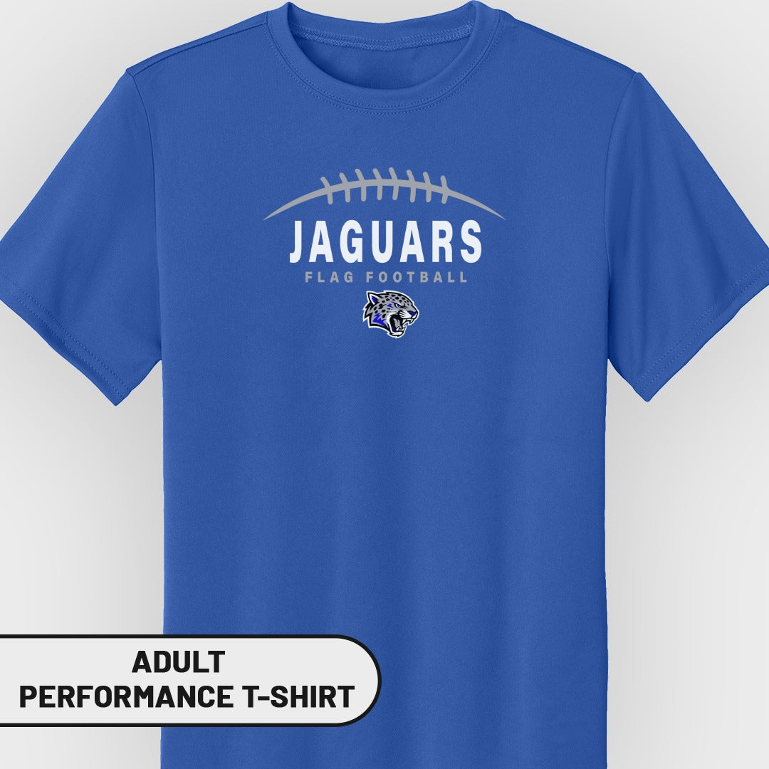 Blue adult performance t-shirt with Jaguars flag football graphic.