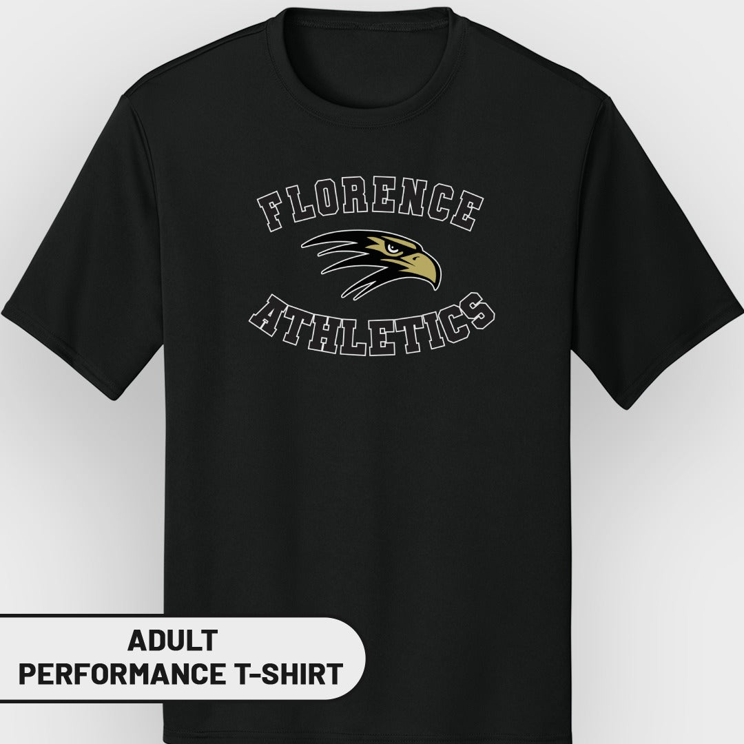 Black adult performance t-shirt with Florence Athletics eagle logo.