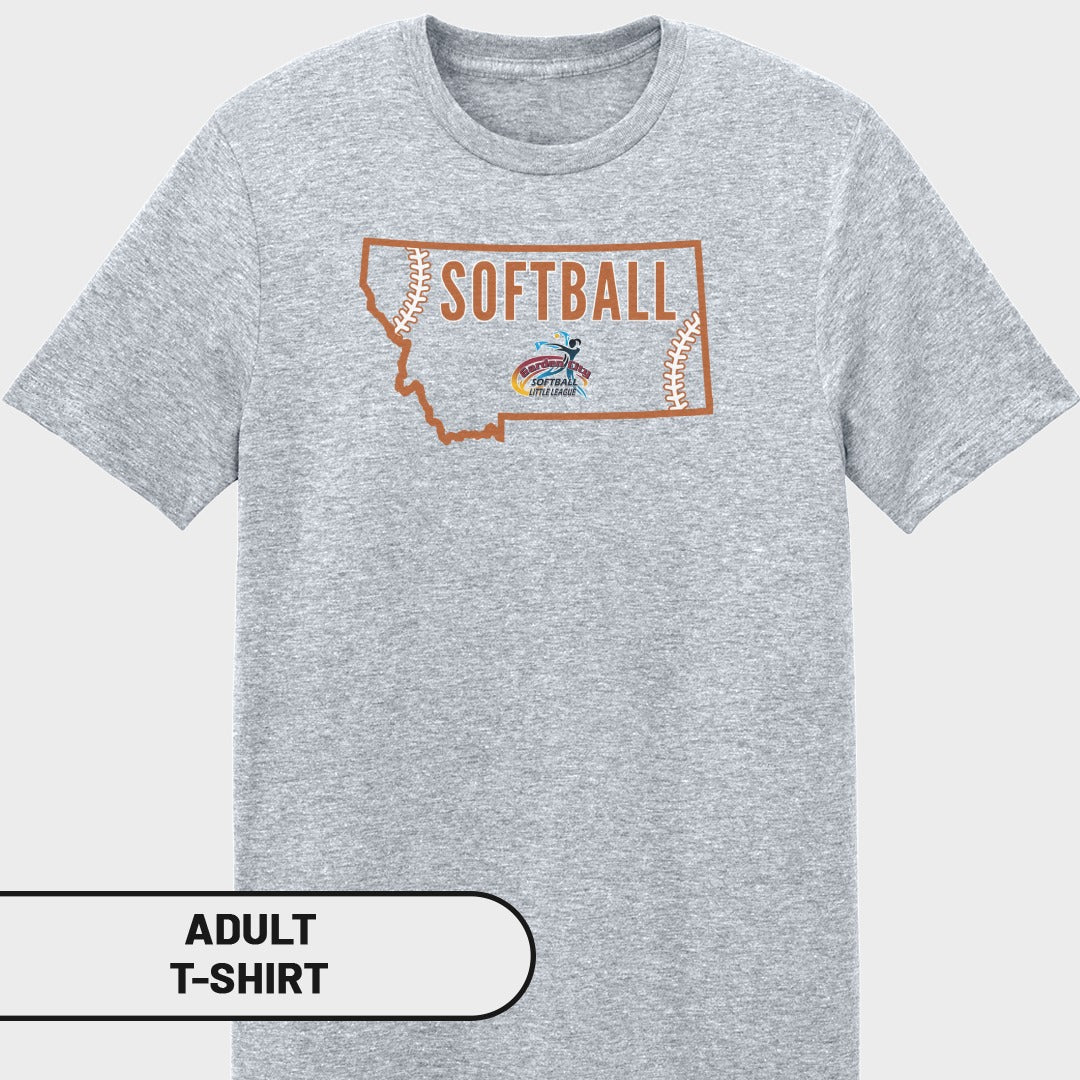 Grey adult t-shirt with Montana outline, "SOFTBALL", and Little League logo.