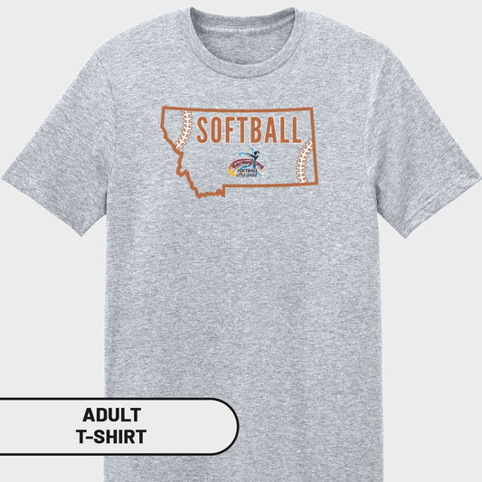 Grey adult t-shirt with Montana outline, "SOFTBALL", and Little League logo.
