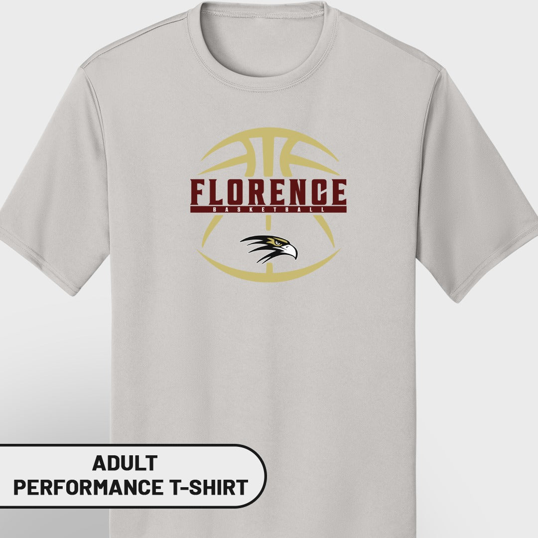 Light gray t-shirt with Florence Basketball logo and hawk graphic.