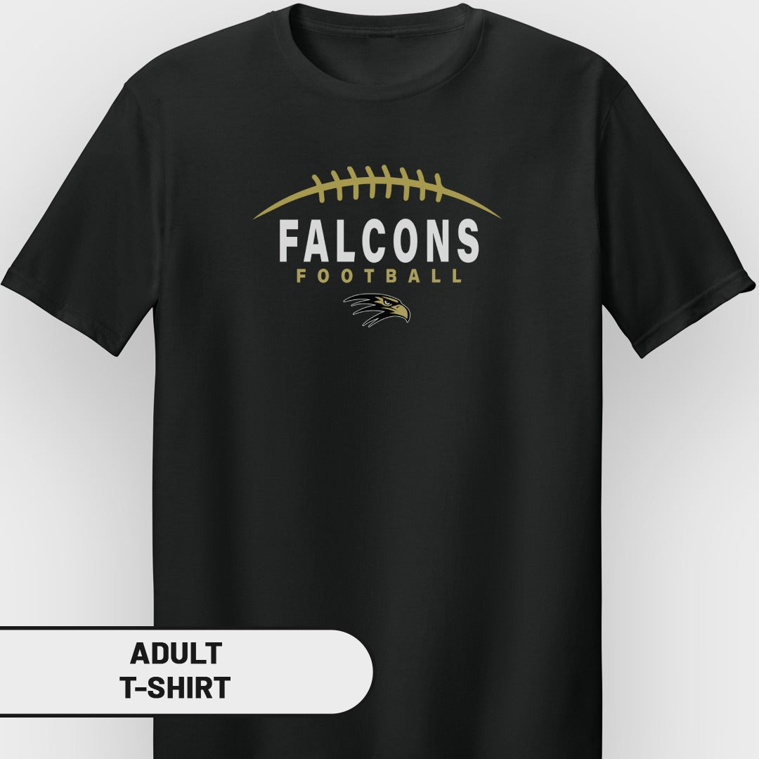 Black adult t-shirt with "FALCONS FOOTBALL" and eagle graphic.
