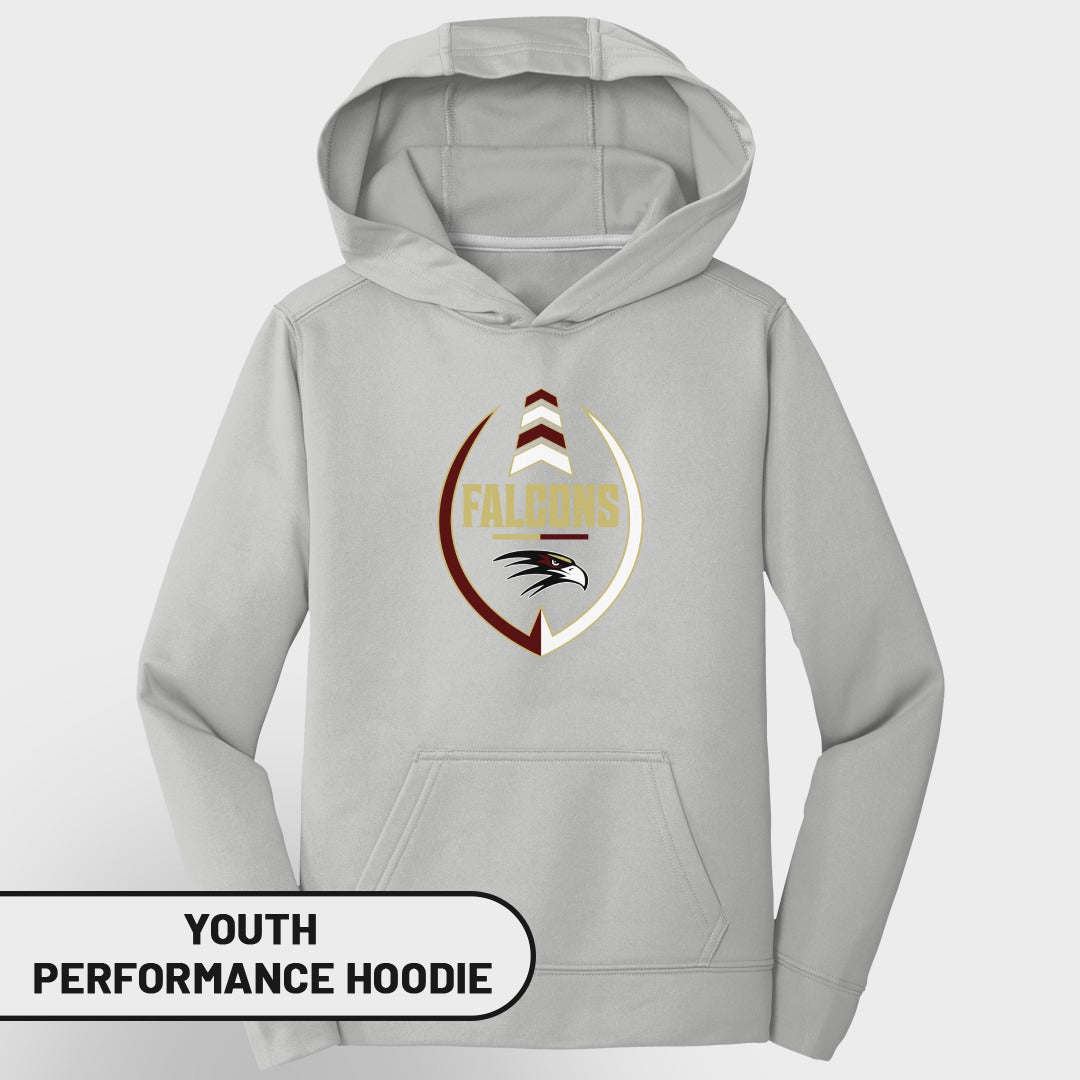 Youth gray performance hoodie with maroon and gold Falcons logo.