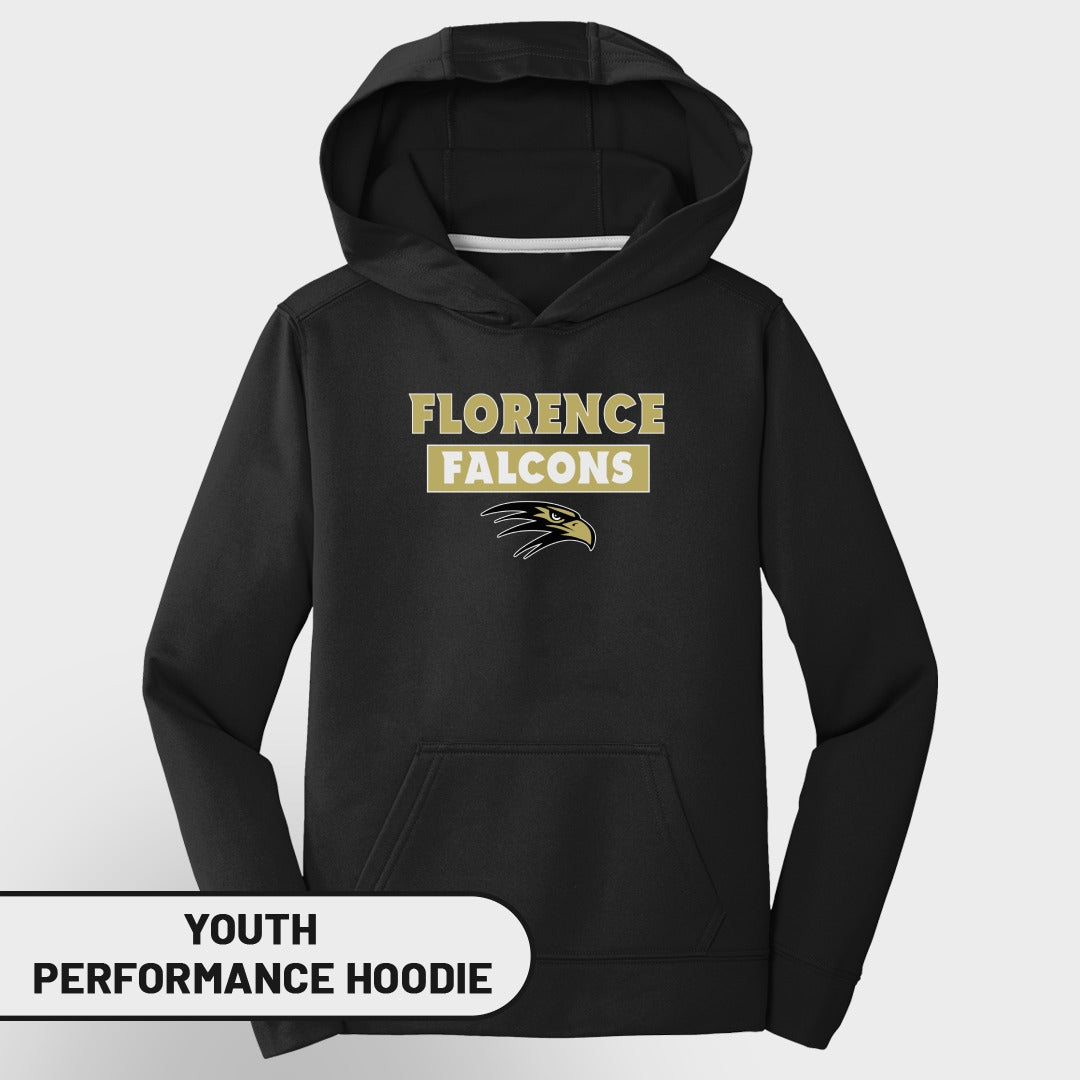 Black youth performance hoodie with "Florence Falcons" text and falcon logo.