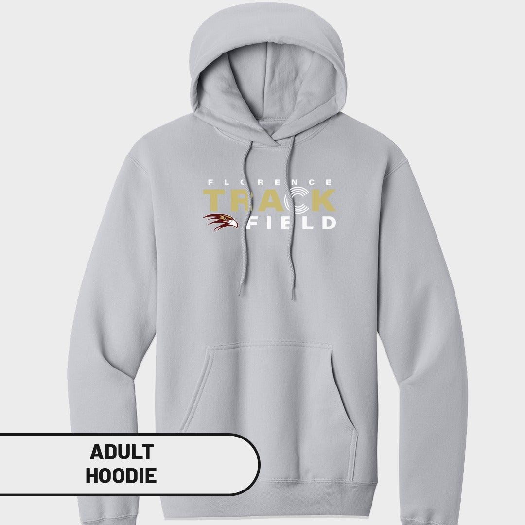 Light gray adult hoodie with "Florence Track Field" text and eagle graphic.