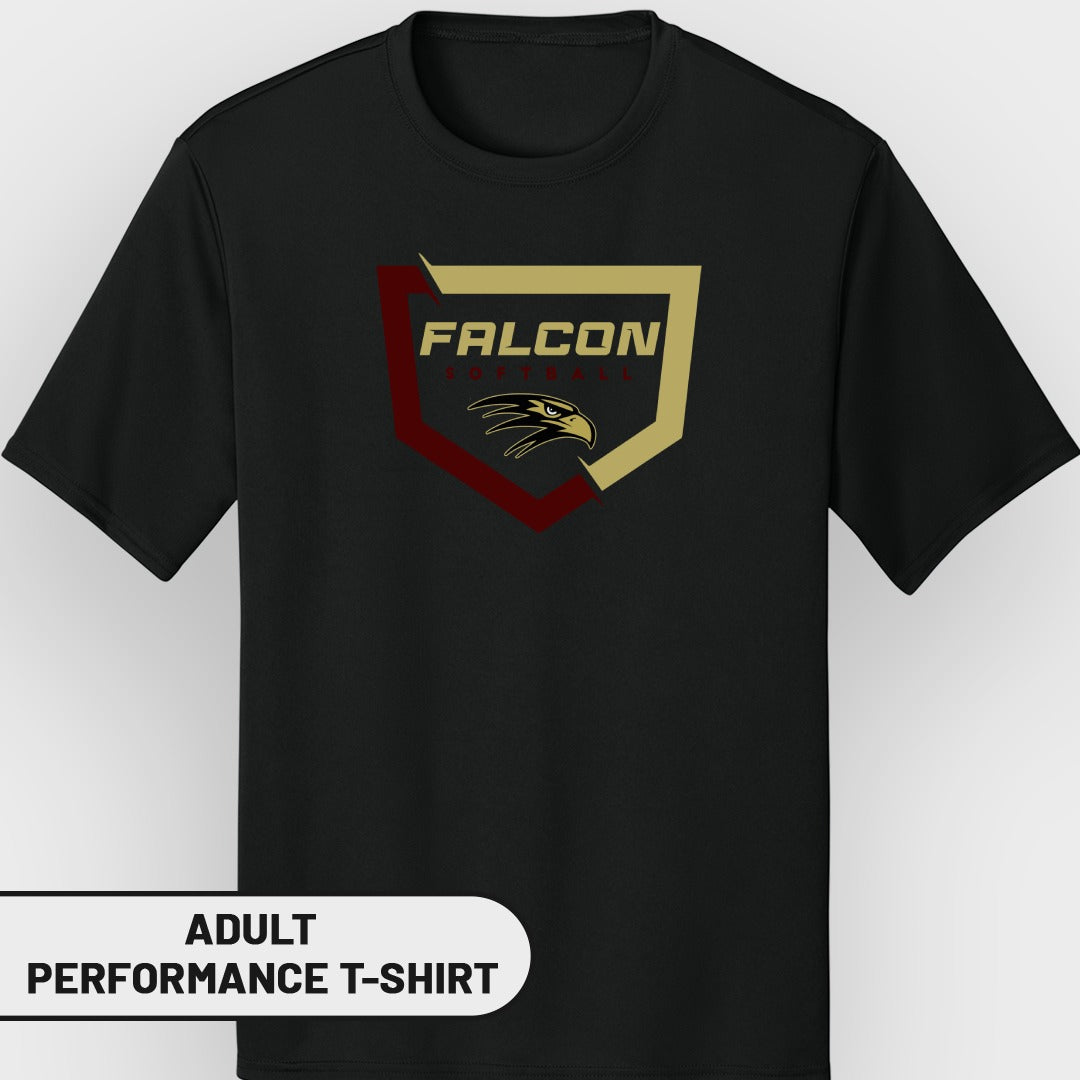 Black adult performance t-shirt with Falcon Softball logo and eagle head.