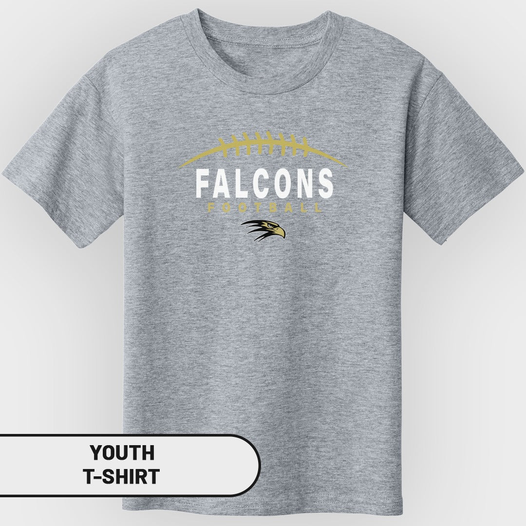 Grey youth t-shirt with "FALCONS FOOTBALL" and eagle logo.