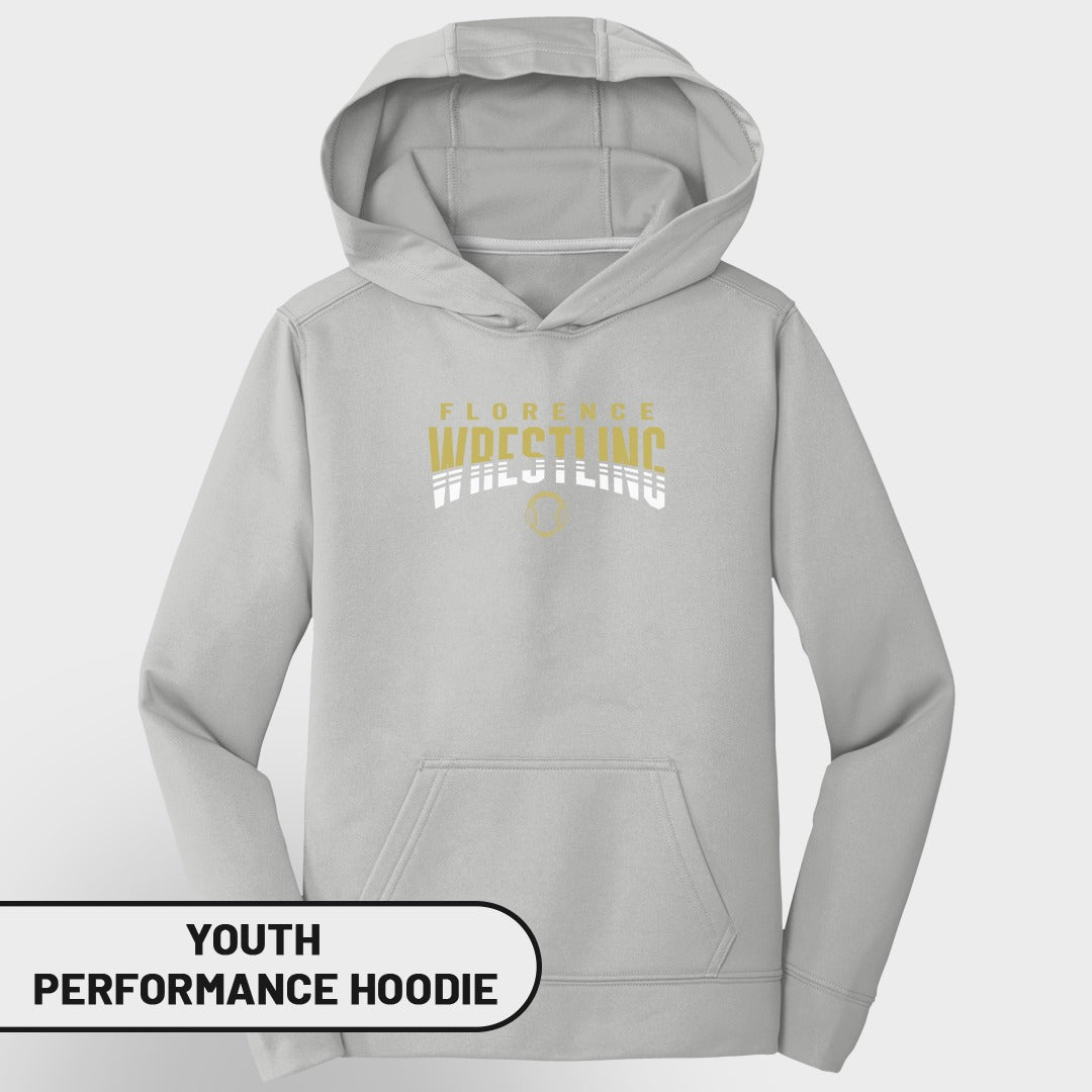 Youth light grey performance hoodie with "Florence Wrestling" text graphic.