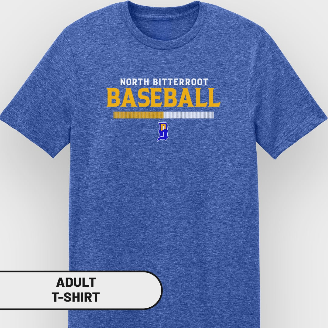 Blue adult t-shirt with "North Bitterroot Baseball" and a blue and yellow logo.