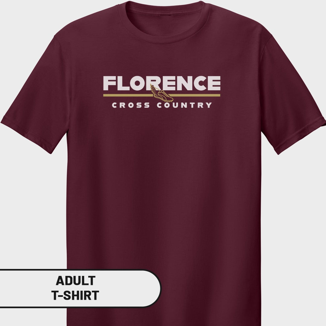 Maroon t-shirt with "FLORENCE CROSS COUNTRY" text and a winged shoe graphic.