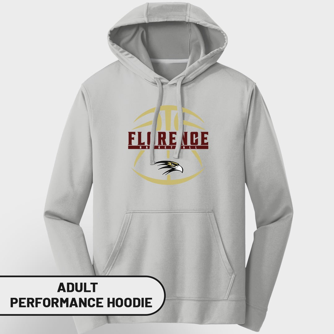 Light grey adult performance hoodie with Florence Basketball logo.