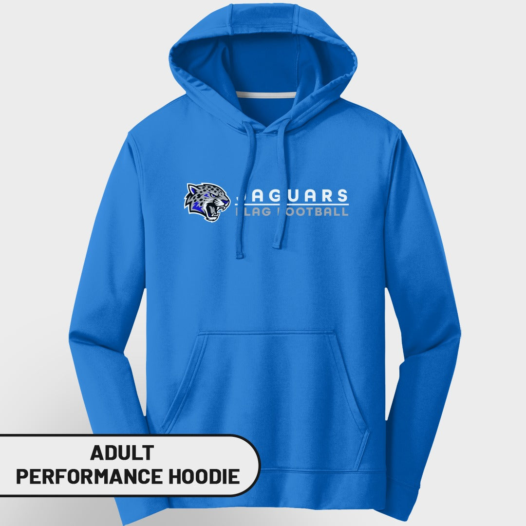 Blue adult performance hoodie with Jaguars flag football logo and text.