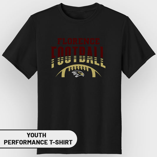 Black youth performance t-shirt with "Florence Football" text and football graphic.