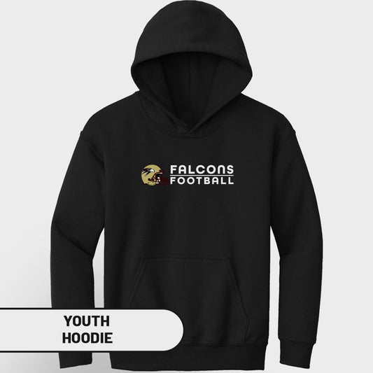 Black youth hoodie with Falcons Football logo and text.