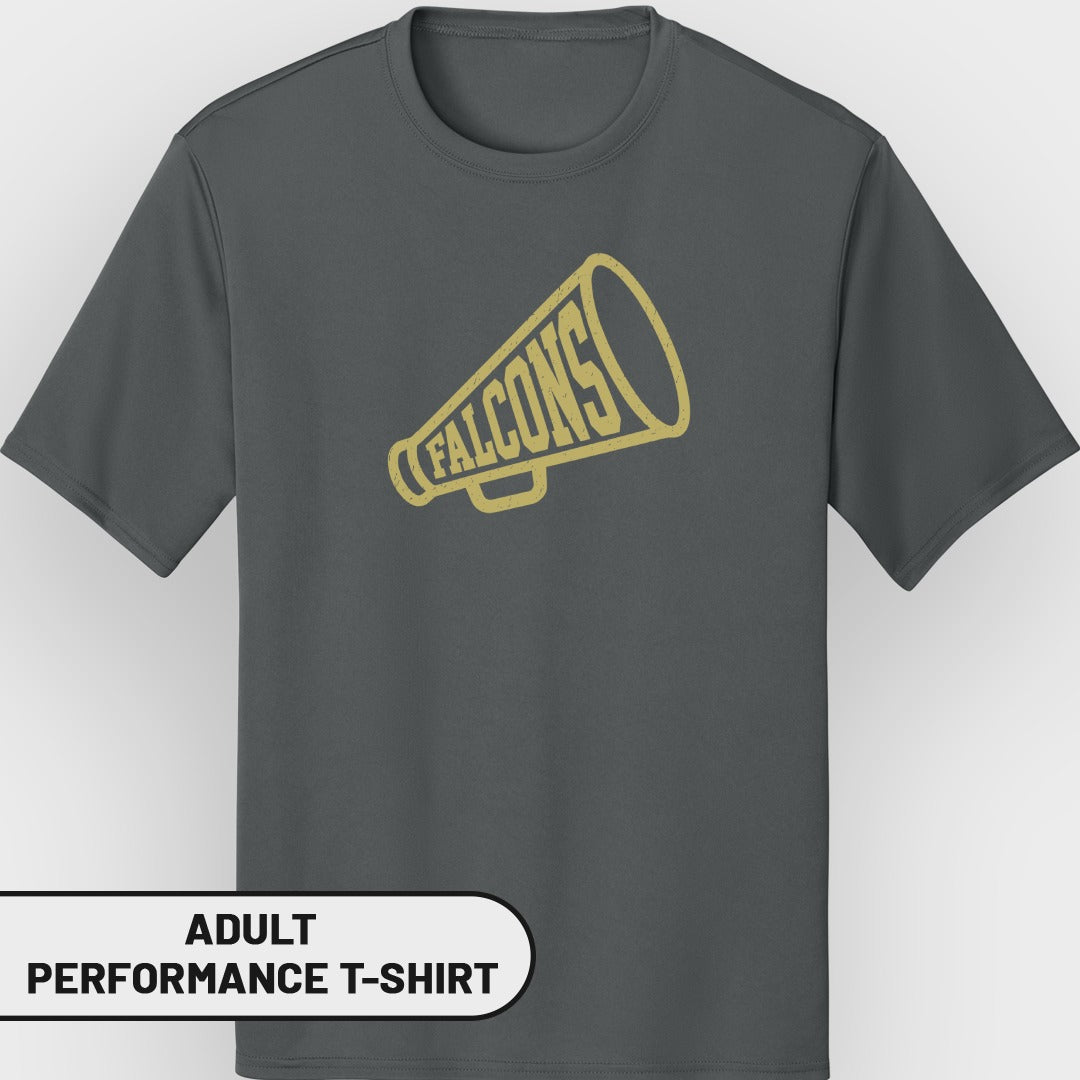 Dark gray adult performance t-shirt with "FALCONS" megaphone graphic.