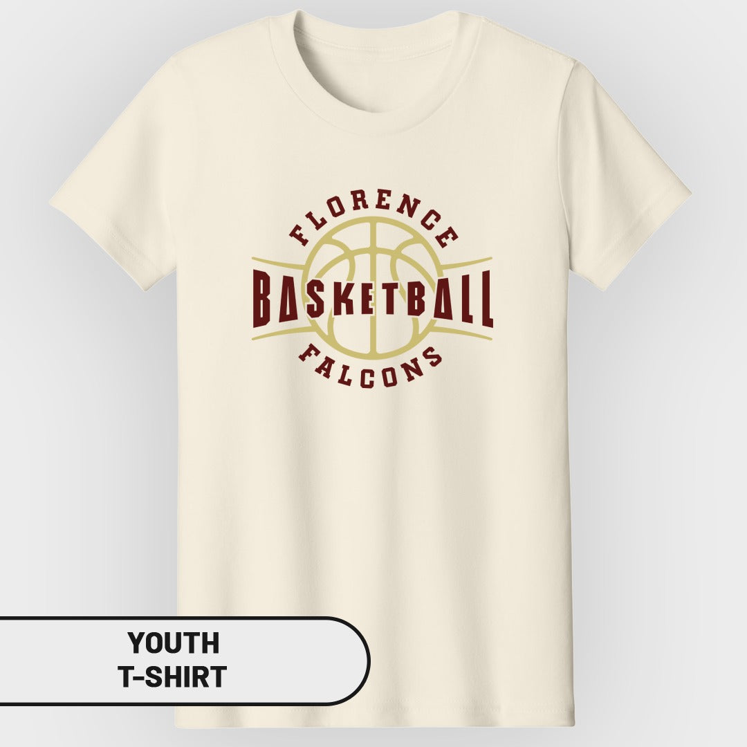 Cream youth t-shirt with Florence Basketball Falcons logo and basketball graphic.