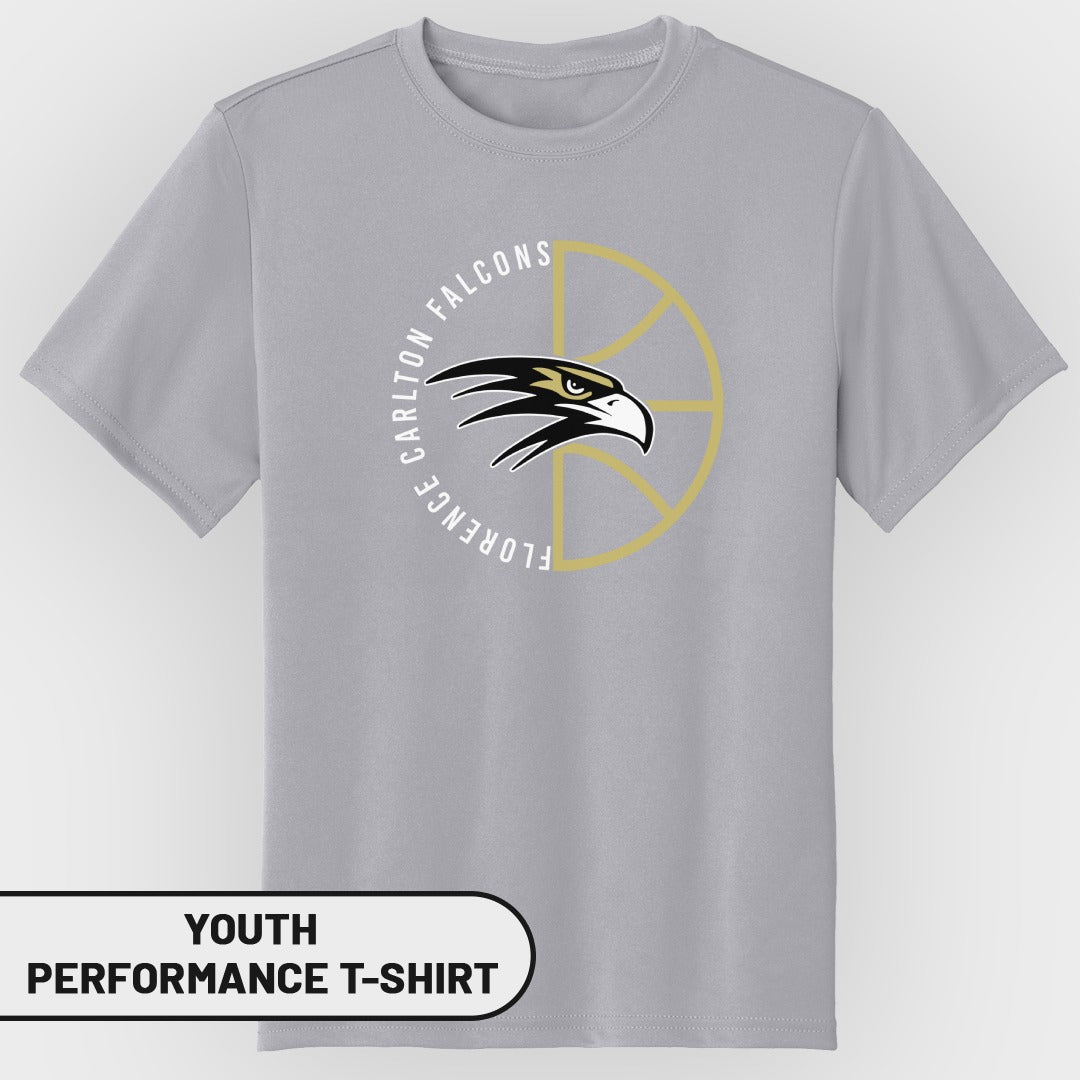 Gray youth performance t-shirt with Carlton Falcons logo on basketball.