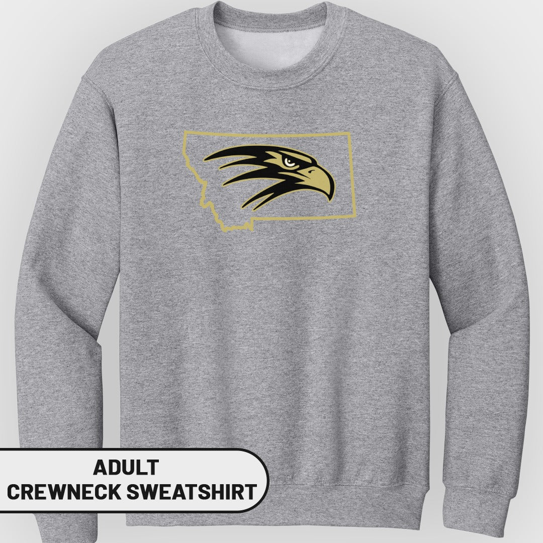 Grey adult crewneck sweatshirt with Montana outline and black and gold eagle logo.