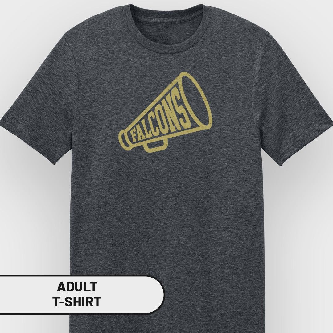 Dark gray adult t-shirt with gold "FALCONS" megaphone graphic.