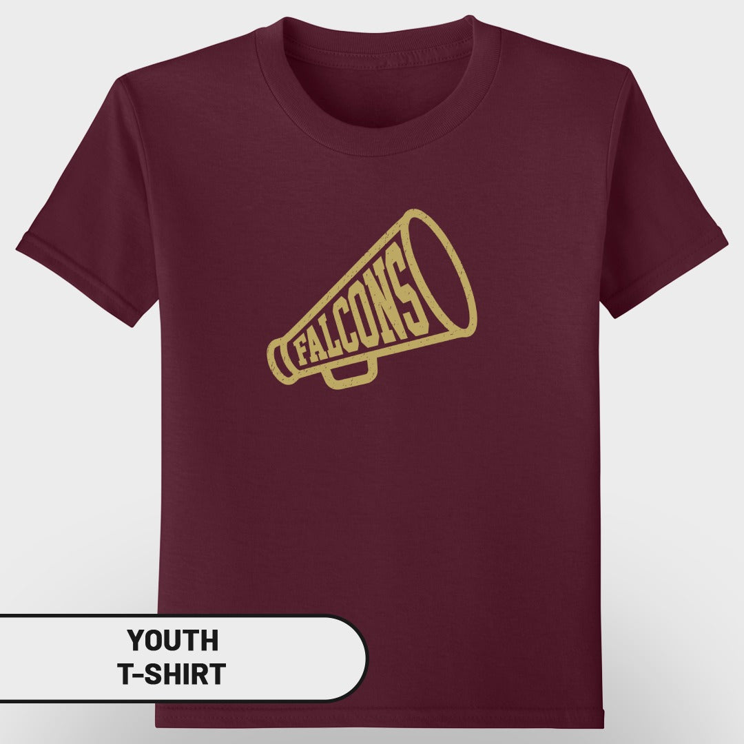 Maroon youth t-shirt with a yellow "FALCONS" megaphone graphic.
