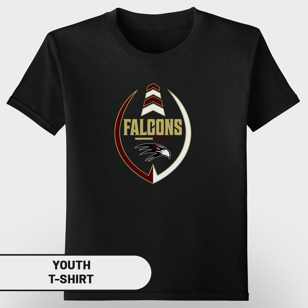 Black youth t-shirt with "FALCONS" and a hawk logo within an oval.