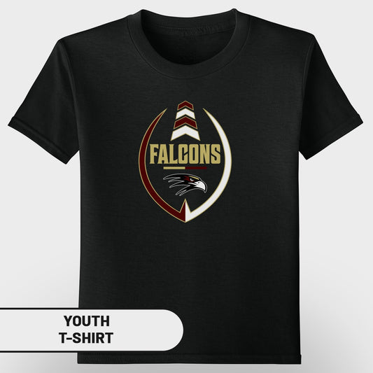 Black youth t-shirt with "FALCONS" and a hawk logo within an oval.