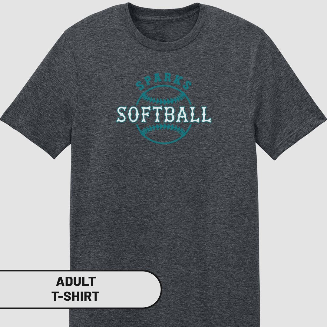 Dark gray adult t-shirt with "SPARKS SOFTBALL" in teal text.