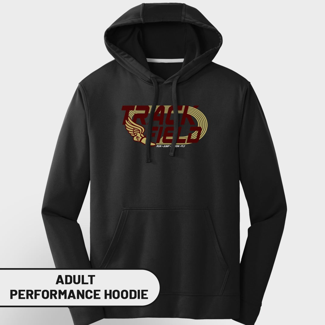Black adult performance hoodie with "Track & Field" graphic and "Run, Jump, Throw, Fly".