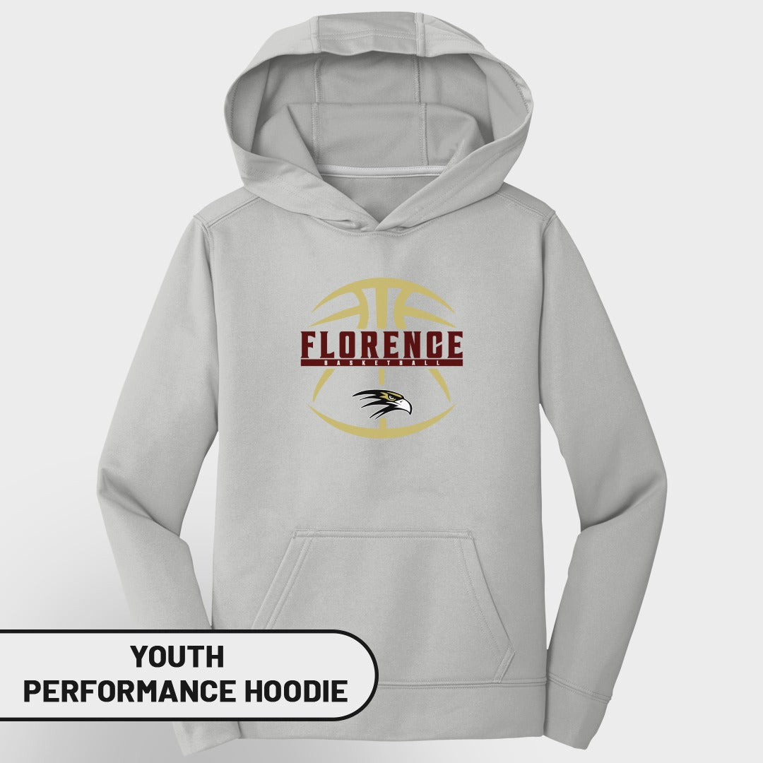 Gray youth performance hoodie with Florence Basketball logo and eagle graphic.