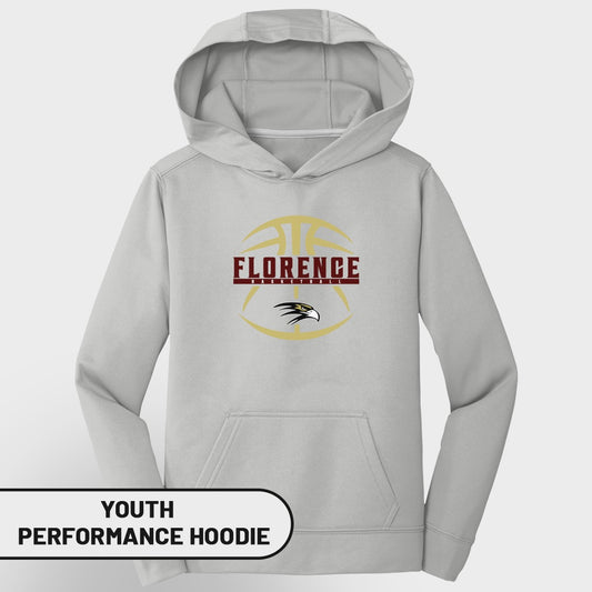 Gray youth performance hoodie with Florence Basketball logo and eagle graphic.
