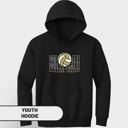Black youth hoodie with "VOLLEYBALL" text and volleyball graphic.