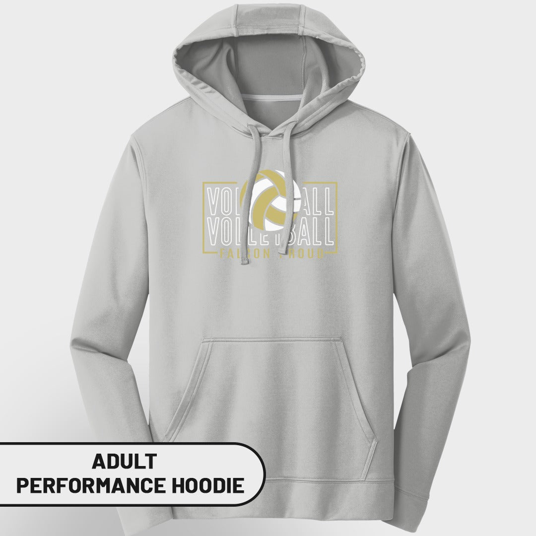 Adult performance hoodie with "Volleyball" text and a volleyball graphic.