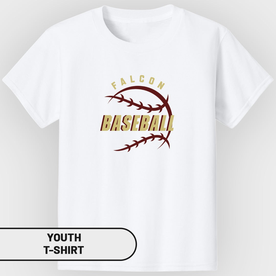 White youth t-shirt with "FALCON BASEBALL" text and baseball stitching design.