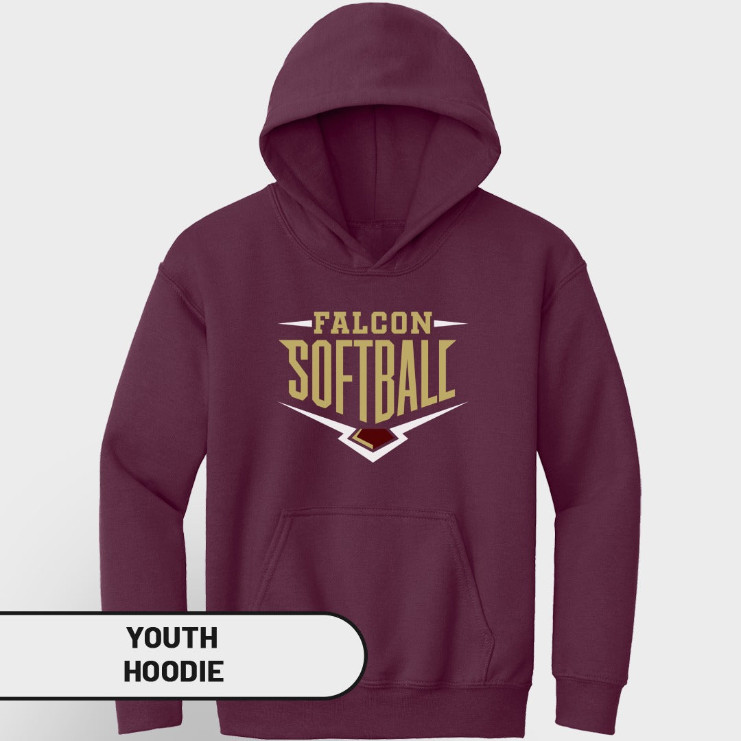 Burgundy youth hoodie with "FALCON SOFTBALL" logo on chest.