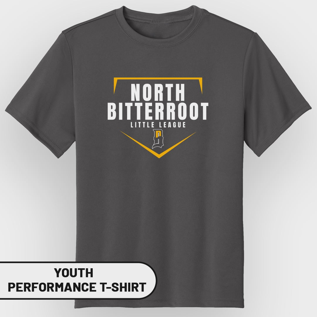 Youth North Bitterroot League performance t-shirt with logo.