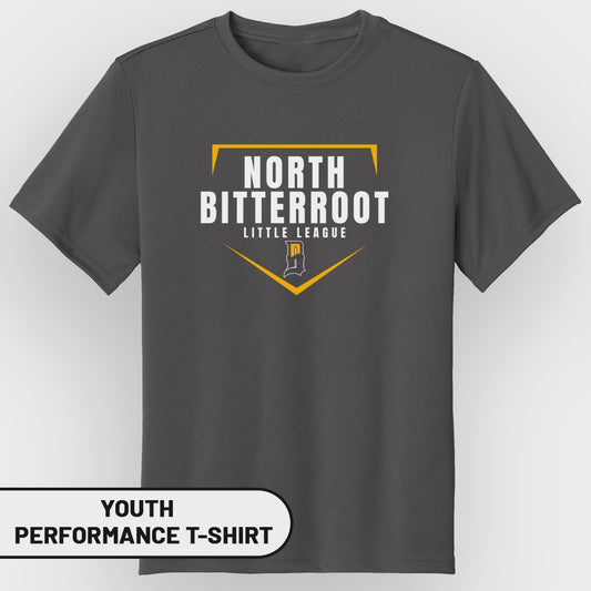 Youth North Bitterroot League performance t-shirt with logo.