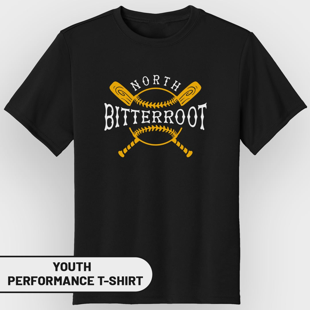 Black youth performance t-shirt with "NORTH BITTERROOT" and baseball bats.