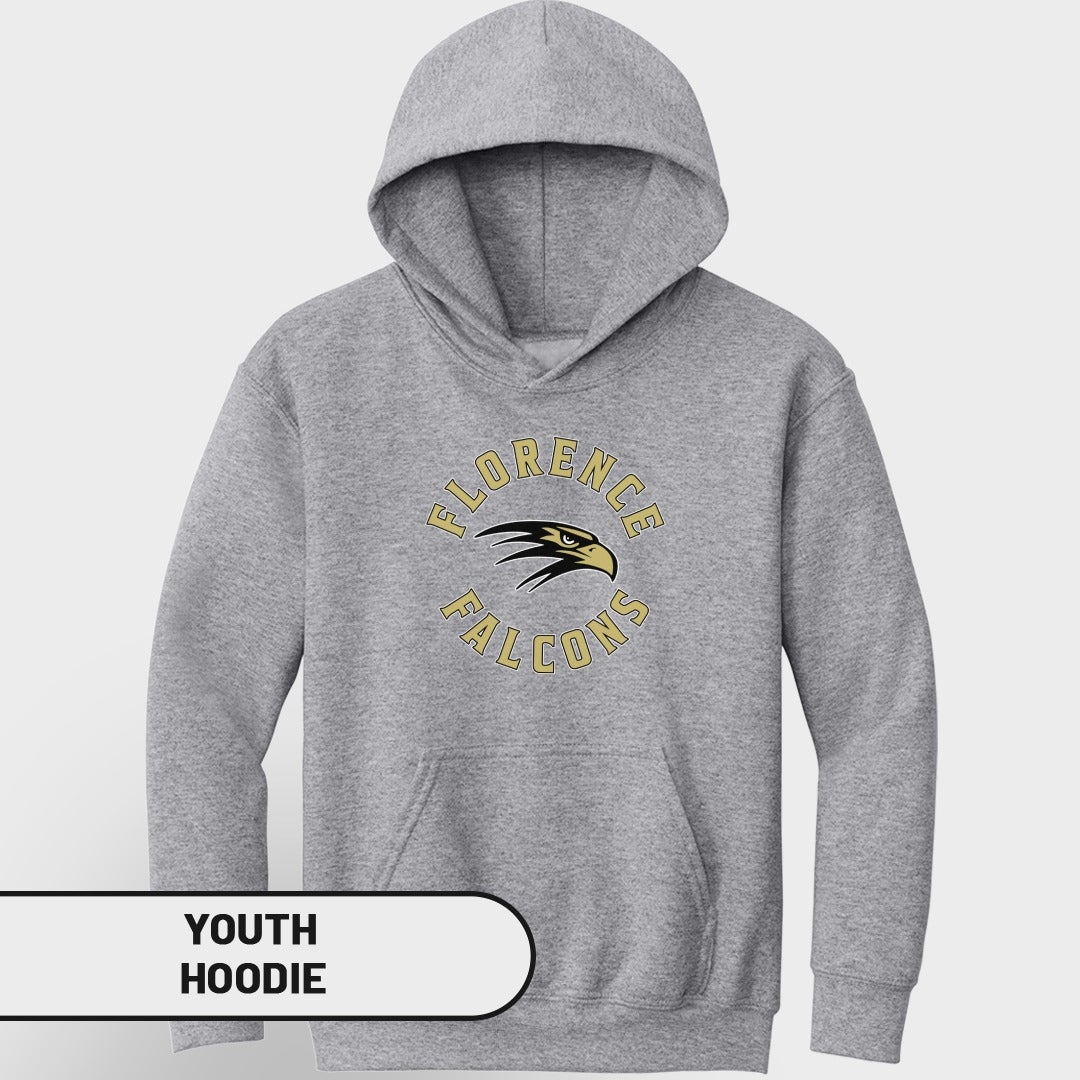 Grey youth hoodie with "FLORENCE FALCONS" text and hawk logo.