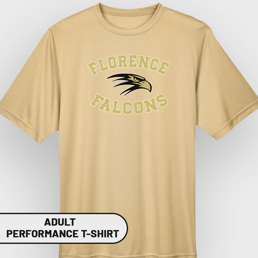 Gold adult performance t-shirt with "Florence Falcons" text and eagle graphic.