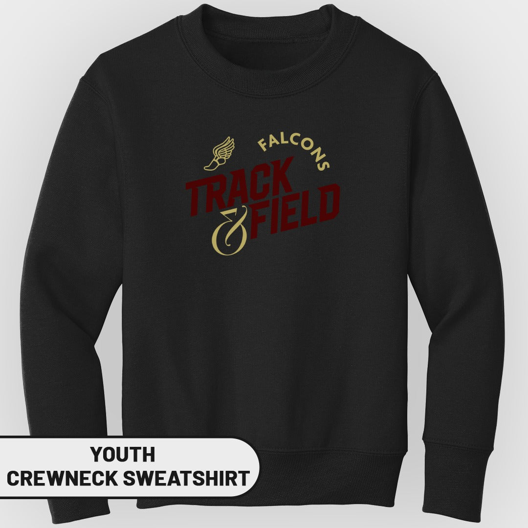 Black youth crewneck sweatshirt with "Falcons Track & Field" graphic.