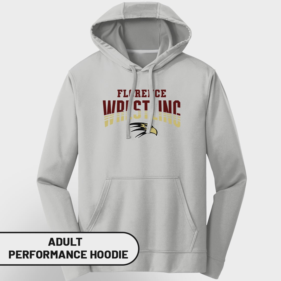 Light gray adult performance hoodie with Florence Wrestling logo and eagle graphic.