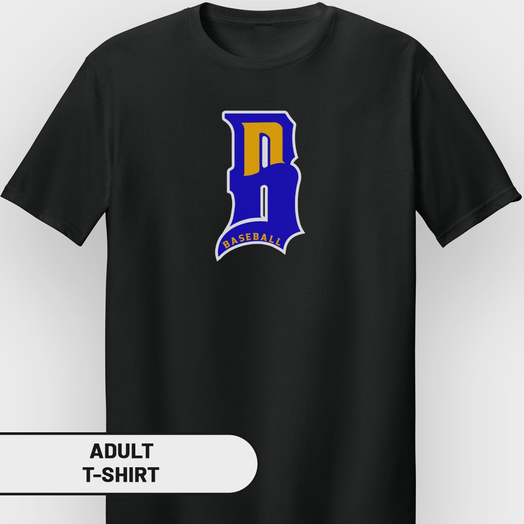 Black adult t-shirt with blue and yellow "B BASEBALL" graphic.