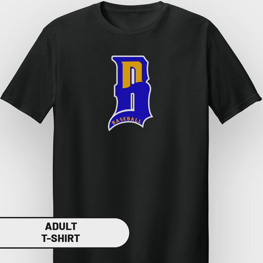 Black adult t-shirt with blue and yellow "B BASEBALL" graphic.