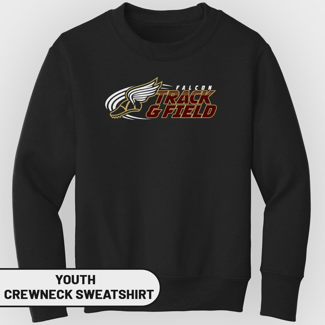 Black youth crewneck sweatshirt with Falcon Track & Field logo.