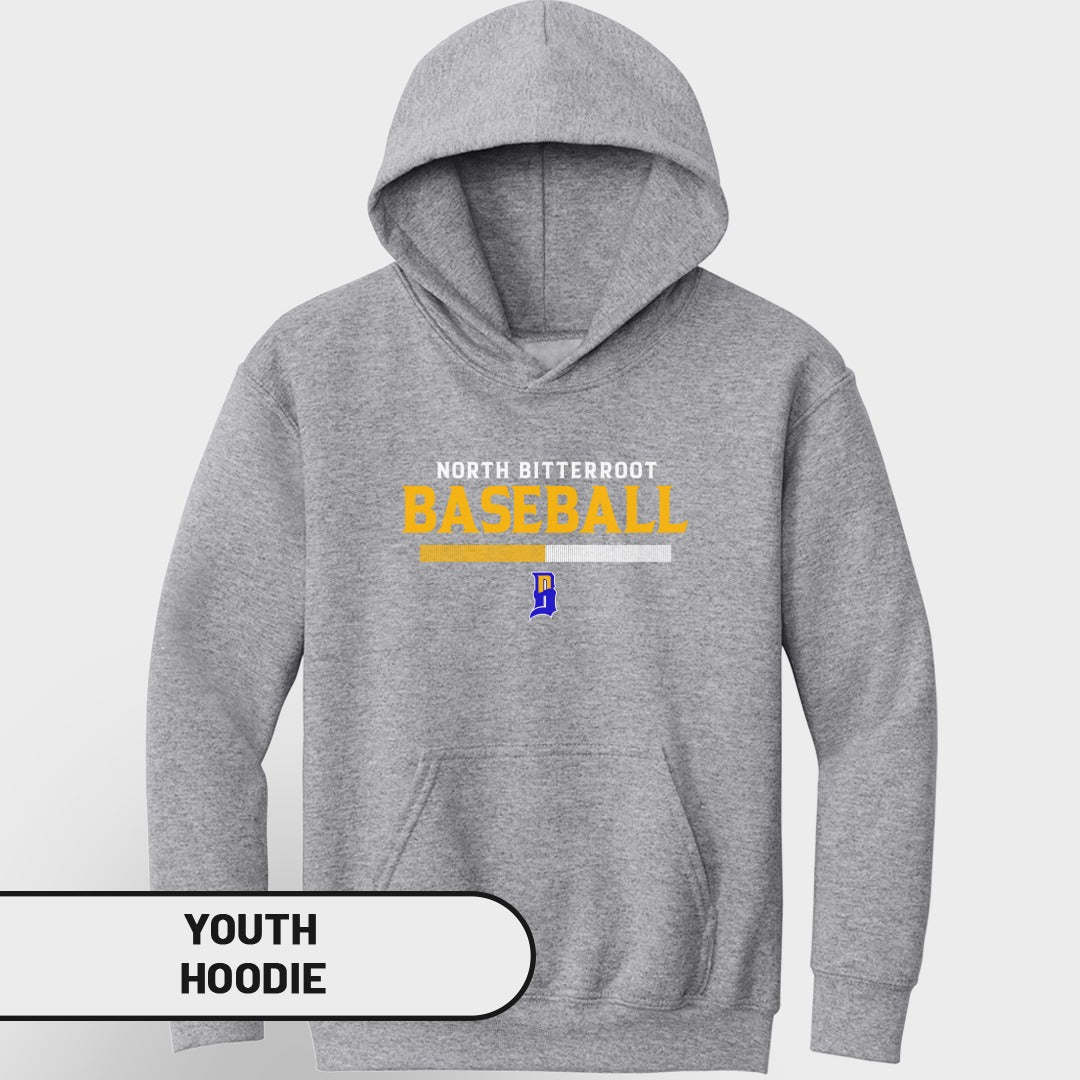 Grey youth hoodie with "NORTH BITTERROOT BASEBALL" text and a blue "B" logo.