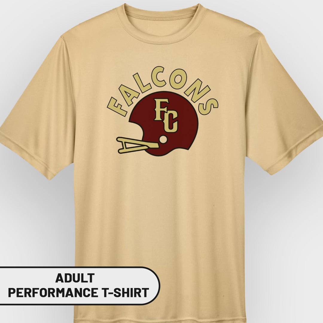Tan adult performance t-shirt with maroon and gold Falcons football helmet logo.
